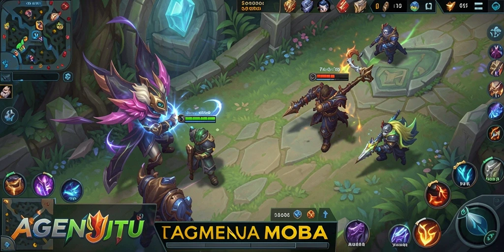 Tampilan utama AGENJITU dengan aksi gameplay MOBA yang seru.