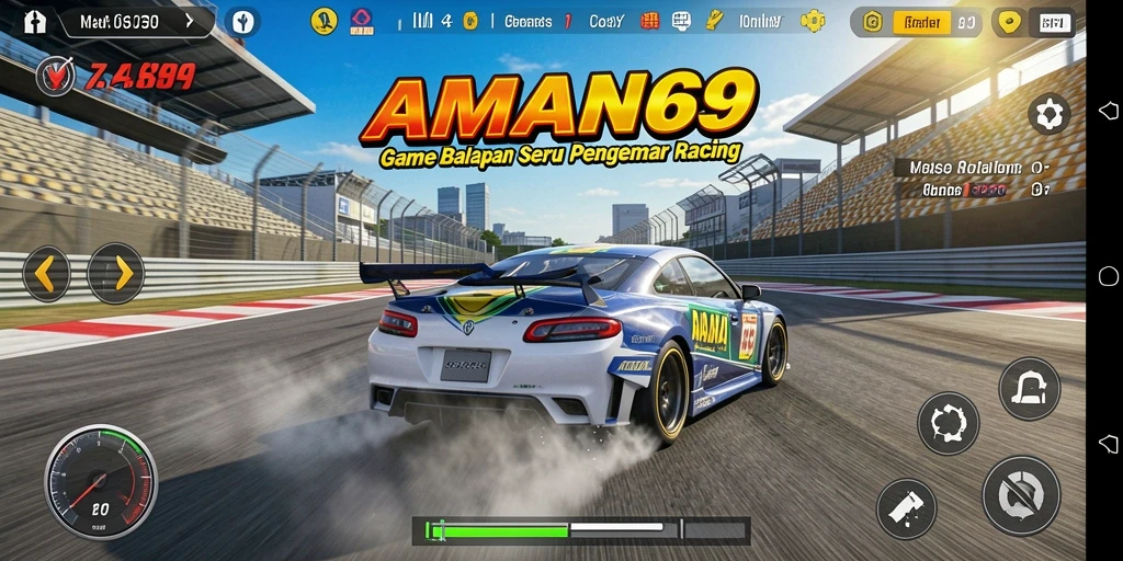 Tangkapan layar gameplay AMAN69 menampilkan aksi balapan yang intens dan mobil yang keren.